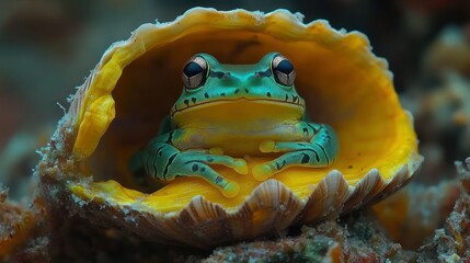 Green Frog Residing Inside a Bright Shell on Vibrant Ocean Floor Surrounded by Coral