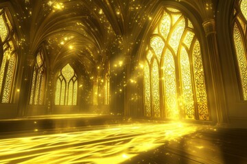 Obraz premium Golden light streams through ornate stained glass windows in an enchanting hall, creating a magical atmosphere