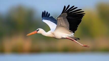 Naklejka premium Majestic white stork soaring gracefully against a vibrant backdrop