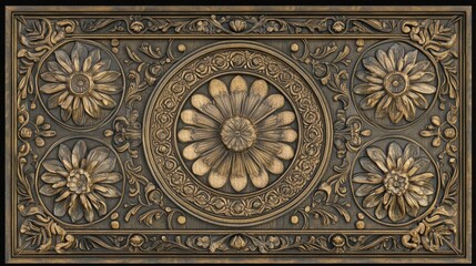 Ornate relief sculpture featuring floral patterns and intricate detailing on a textured background