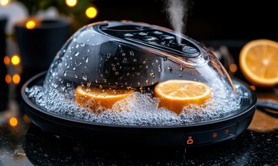Modern Kitchen Appliance Steaming Citrus Fruit with Bubbles and Decorative Background