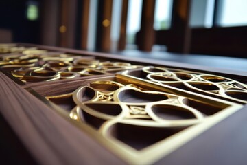 Intricate wooden panel with gold inlay design showcasing craftsmanship and elegance indoors
