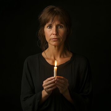 Woman Solemnly Holding White Candle in Dark Environment