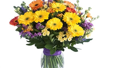 Fototapeta premium Vibrant Yellow and Orange Gerbera Daisy Bouquet in Glass Vase