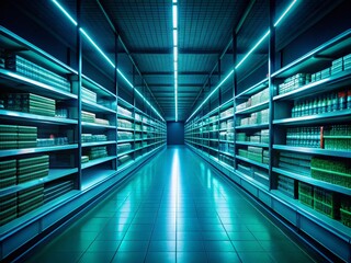 Fototapeta premium Empty Supermarket Shelves Nighttime - Abandoned Grocery Store Aisles at Dark