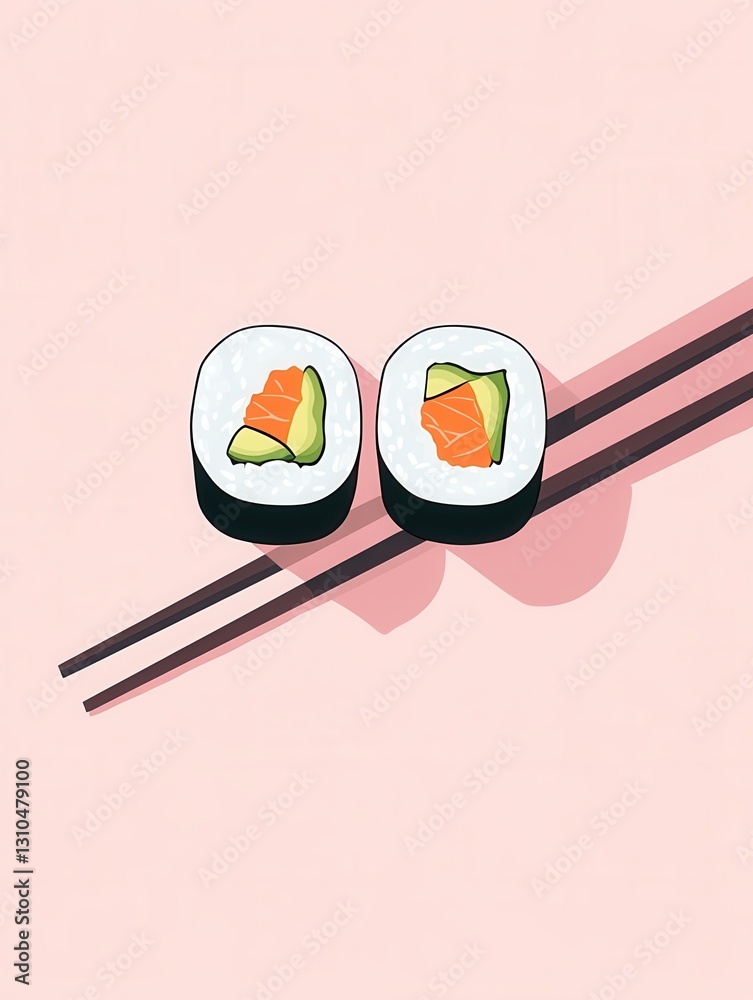 Aufkleber sushi roll icon featuring salmon and avocado on clean pastel background with chopsticks in minimal s