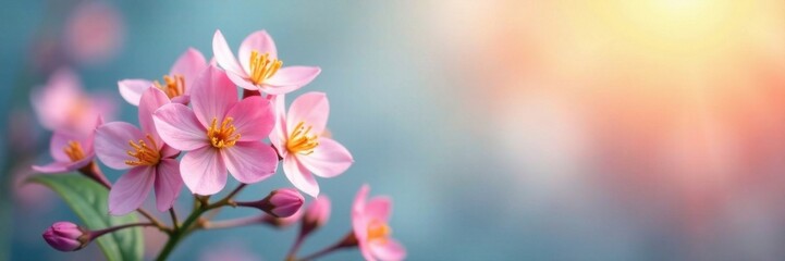 Fototapeta premium A delicate cluster of flowers resting on a blurred background featuring a gentle transition from pink to blue and yellow tones , flowers, background, blurred