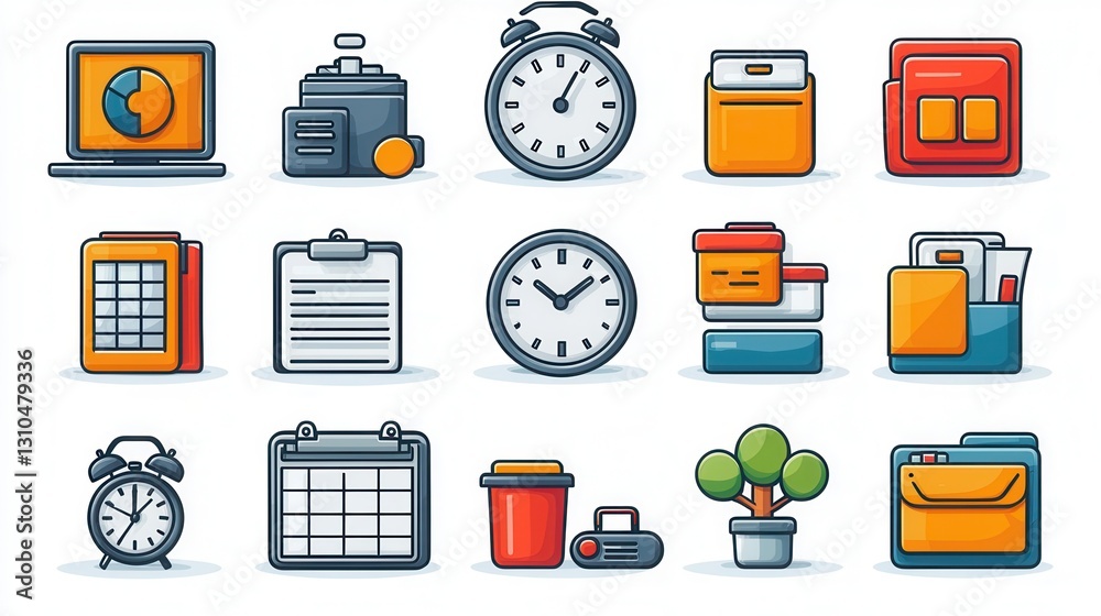 Poster a clean and professional set of 15 outline icons representing various office and workspace elements 