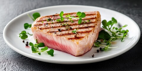 Grilled Fresh Tuna Steak Served on White Plate with Microgreens and Herbs on Dark Stone Background