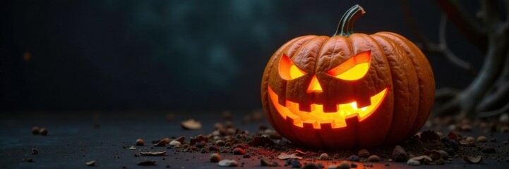 Fototapeta premium A giant carved pumpkin with golden glow on a dark background, jack o lantern, spooky atmosphere