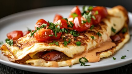 Delightful plain omelette garnished with fresh tomatoes on a white plate