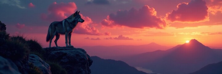 Obraz premium A lone wolf standing on a rocky outcrop at dusk, gazing out into the distance, sunset, night, rock