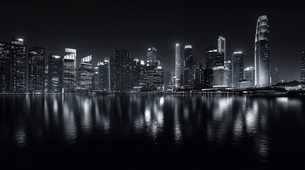 Fototapeta premium Night city skyline, water reflection, dark tones
