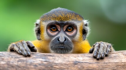 Close-up of a green monkey thoughtfully resting on a log in the Gambia