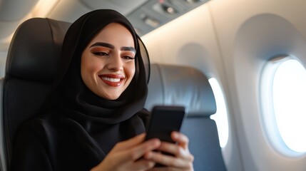 Woman in black attire enjoys her phone on a flight