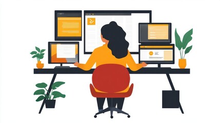 Fototapeta premium Woman in Yellow Shirt Working at Desk with Multiple Computer Screens
