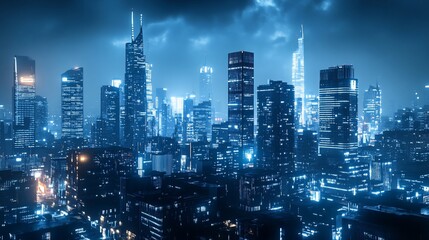 Night cityscape, towering buildings, urban scene, blue hues