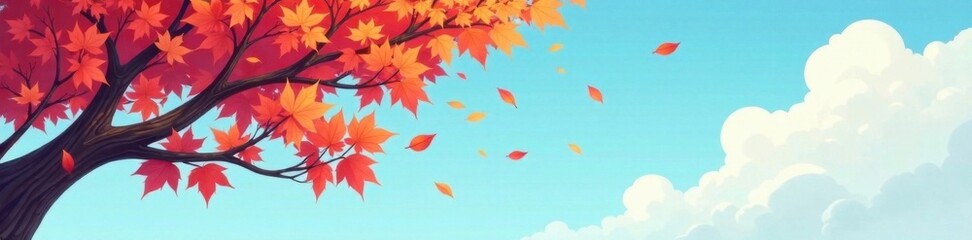 Fototapeta premium Cartoon illustration of an autumn tree branch with red, brown, and gold leaves, set against a soft blue sky with fluffy white clouds , fluffy clouds, cartoon, fall