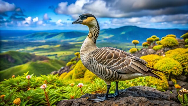 Endangered Hawaiian Goose Nene Bird in Native Habitat, Close-Up Portrait