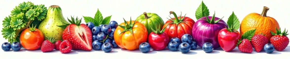 Hand drawn illustration of mixed vegetable and berry, food icons, fruits, healthy eating