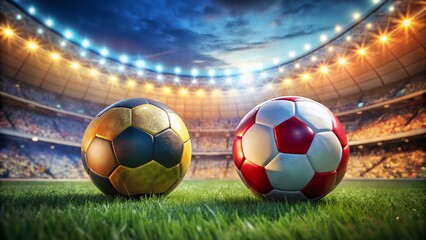 England vs Spain Soccer Match: Two Footballs in National Colors, Stadium Blurred Background