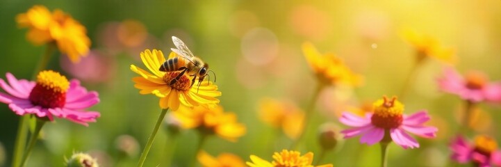 Close-up of a bee among sun-kissed wildflowers in a seamless border, nectar, meadow, flowers