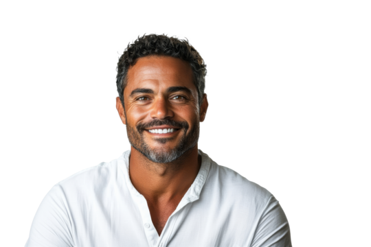 Smiling man with curly hair wearing a white shirt and radiating happiness