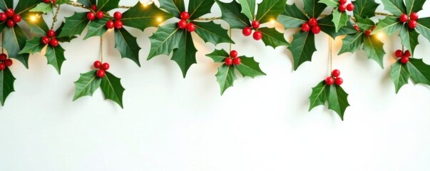 Fototapeta premium Hanging Christmas holly leaves in gold garland on white background, Holly Leaves, Natural Elements, Gold Garlands