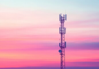 Obraz premium Industrial Communication Tower Against Vibrant Sunset Sky with Shades of Pink, Orange, and Blue for Background and Wireless Technology Concept