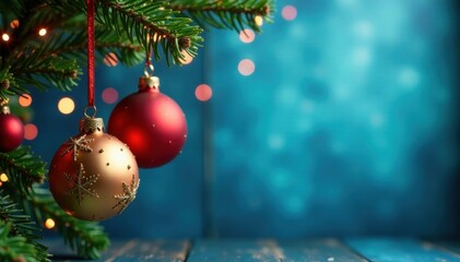 Hanging Christmas ornaments in front of a blue background with festive lights and garland, blue, festive, ornament
