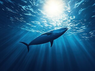 Naklejka premium Majestic blue fish swimming gracefully in sunlight beams floating through the ocean's surface showcasing marine life beauty and underwater serenity