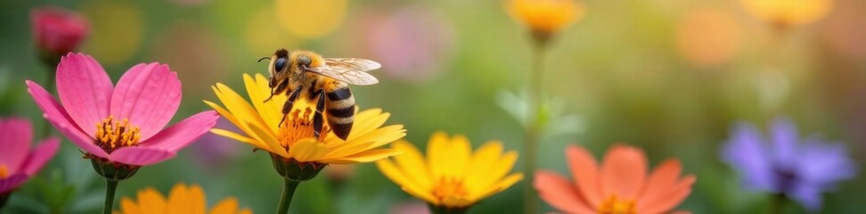 Happy bee surrounded by blooming flowers, bloom, flowers, happy