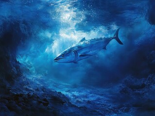 Fototapeta premium Majestic Bluefin Tuna Swimming Gracefully Through Turbulent Ocean Waters in Vibrant Underwater Scene with Bubbles and Light Reflections