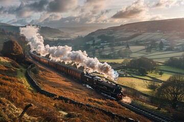 A classic steam train moving through a picturesque countryside, the steam billowing from the engine, the landscape of rolling hills and farms in the 