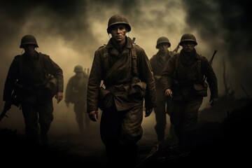 Soldiers marching through smoky battlefield. World War II reenactment scene. Dramatic military history image for Veterans Day or Memorial Day remembrance.