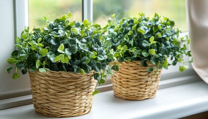 Lush Green Plants in Woven Baskets on Bright Window Sill in Cozy Indoor Space