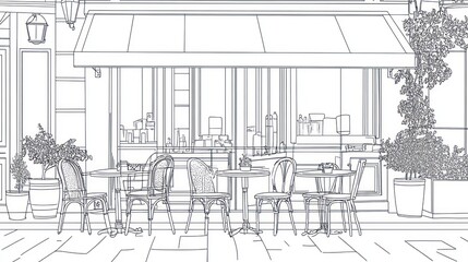 Outdoor cafe sketch, Parisian style,  exterior, relaxed atmosphere