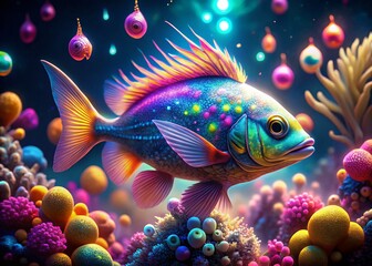 Fototapeta premium Ethereal Coral Reef: Iridescent Fish & Bioluminescent Coral Sculptures
