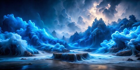 Fototapeta premium Ethereal Cobalt Fog Dancing on Ebony: A Dark Fantasy Stock Photo