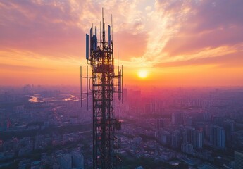 Majestic Sunset Over Urban Skyline Featuring Telecommunications Tower with Antennas Against Colorful Clouds and Vibrant Sky in the Background