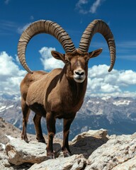 Obraz premium Majestic Male Mountain Goat Standing Proudly on Rocky Outcrop Against Dramatic Cloudy Sky