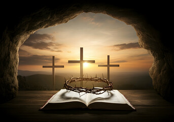 Palm Sunday celebration with Holy Cross Jesus Thorn crown and Biblical Scene Palm Sunday Worship