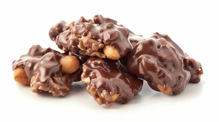  a peanut cluster coated in glossy chocolate and caramel, isolated on a clean white background. 