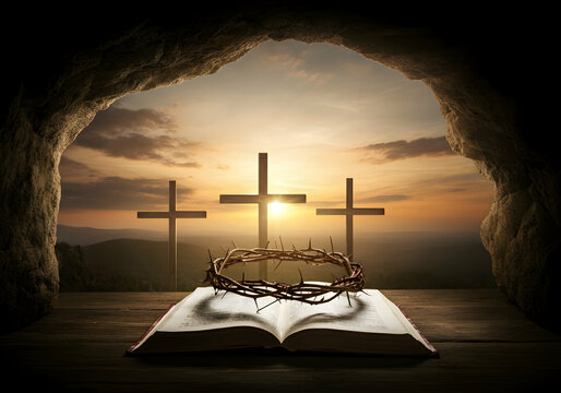 Palm Sunday celebration with Holy Cross Jesus Thorn crown and Biblical Scene Palm Sunday Worship - Powered by Adobe