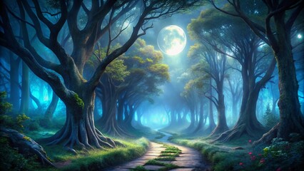 Fototapeta premium Ethereal Moonlit Forest Path: Mystical Fog & Ancient Trees