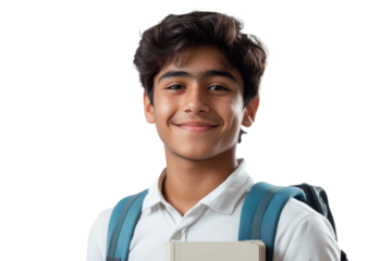 Young student with backpack smiling brightly while holding a notebook indoors