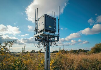 Modern telecommunications tower with antennas in a lush green field under a beautiful blue sky with fluffy clouds and vibrant sunlight during daytime