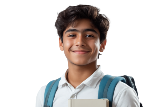 Young student with backpack smiling brightly while holding a notebook indoors