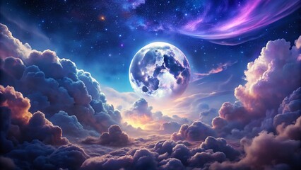 Ethereal Night Sky: Glowing Moon and Celestial Clouds Landscape