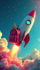 Rocket carrying backpack with school supplies, pencils, rocket, books